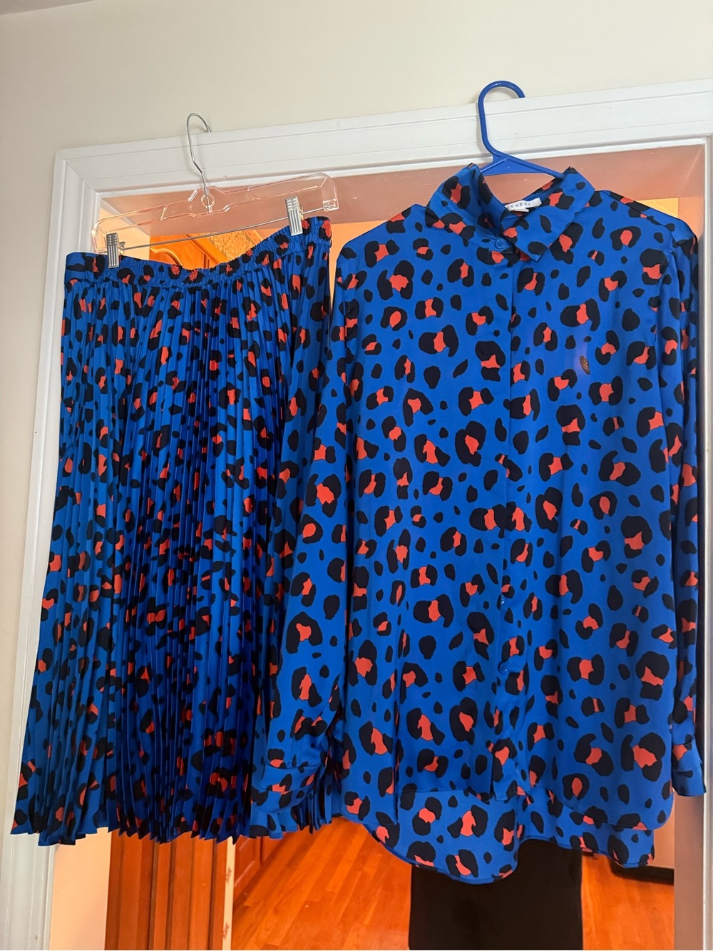 Blue Leopard Print Pleated Skirt and matching shirt  - Women